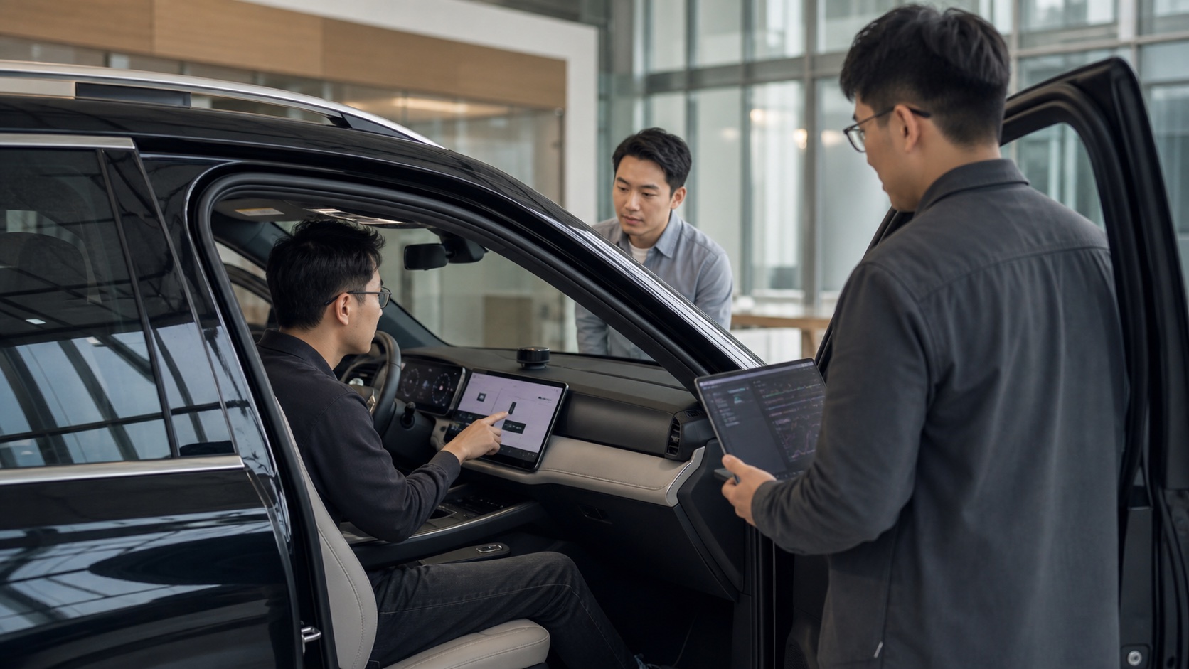 Ein Engineering-Team validiert im vollständigen Fahrzeug die Interaktion und Softwareleistung des intelligenten Cockpits