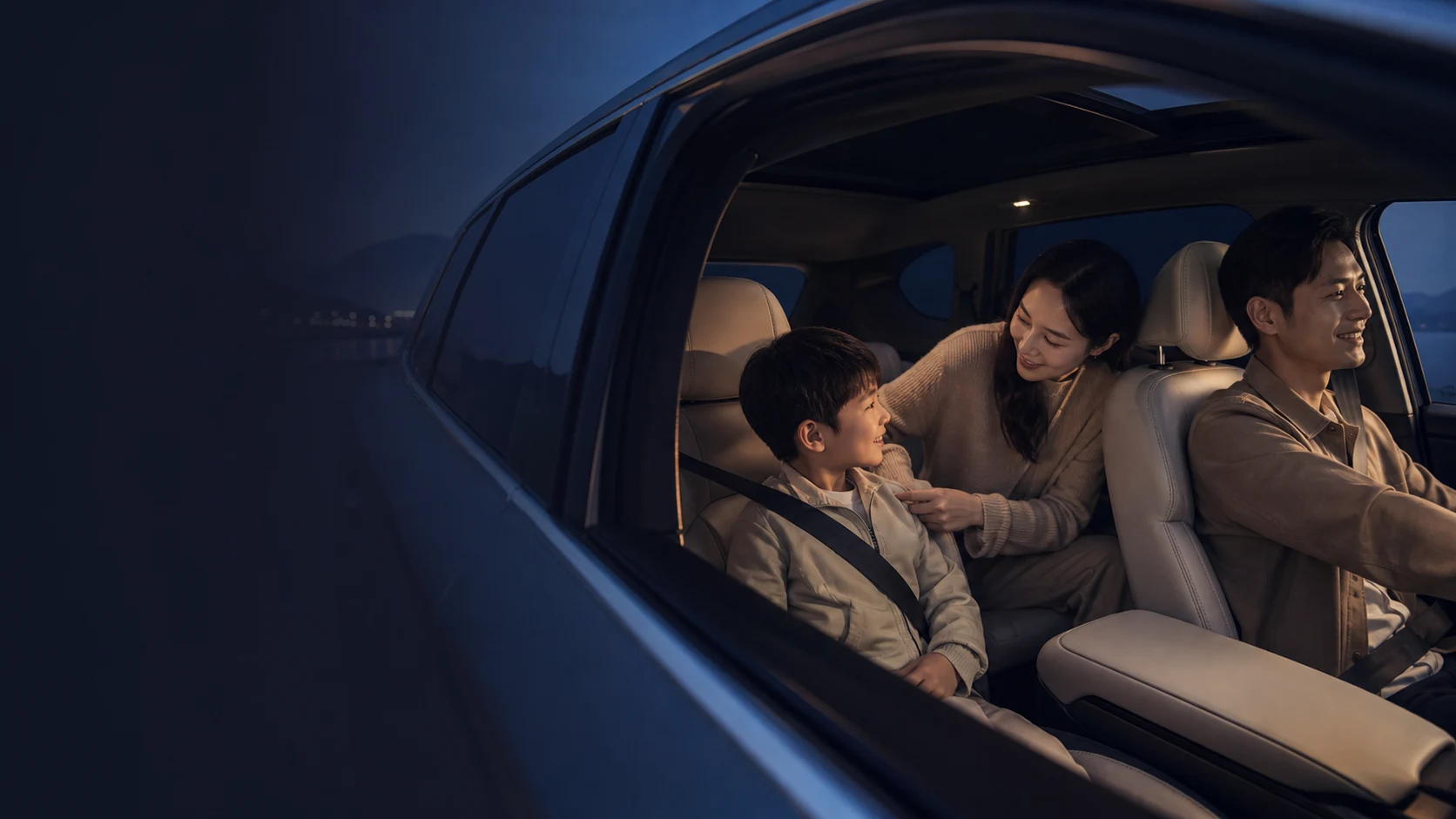 A family of three inside a vehicle, ready to depart