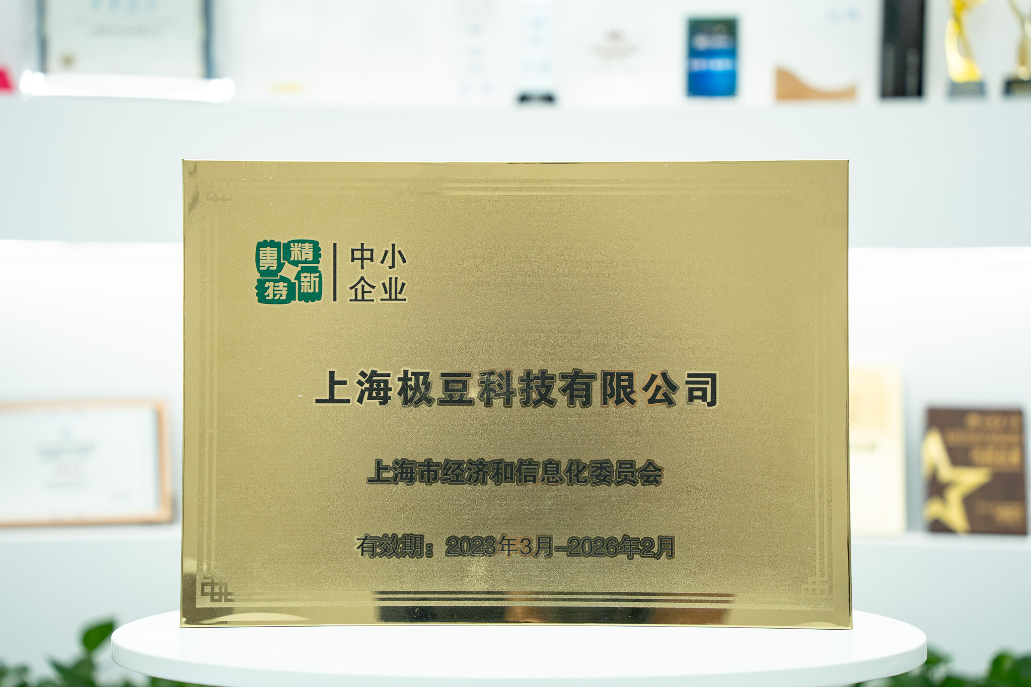 Original plaque for Shanghai's 2023 specialized and innovative SME designation, retaining the original validity dates