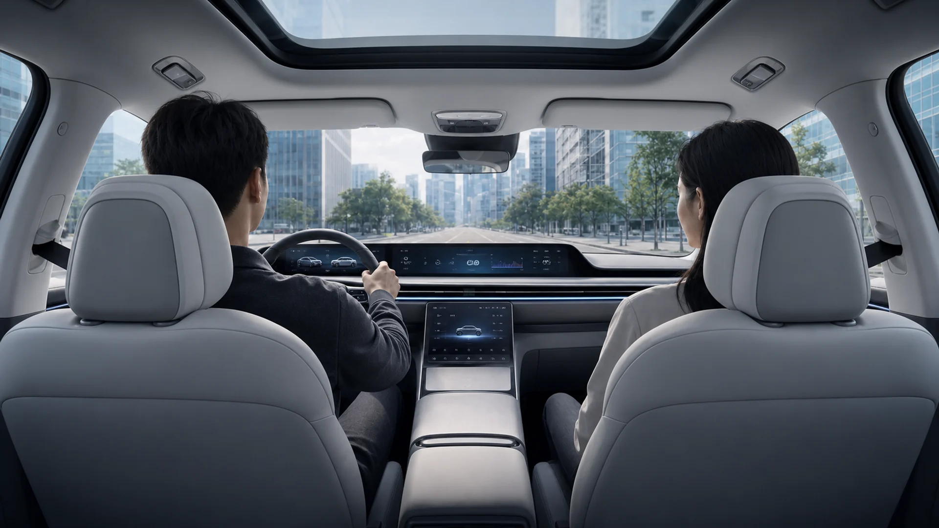 前方を向く運転者と助手席の乗員。コックピットの画面に走行情報を表示